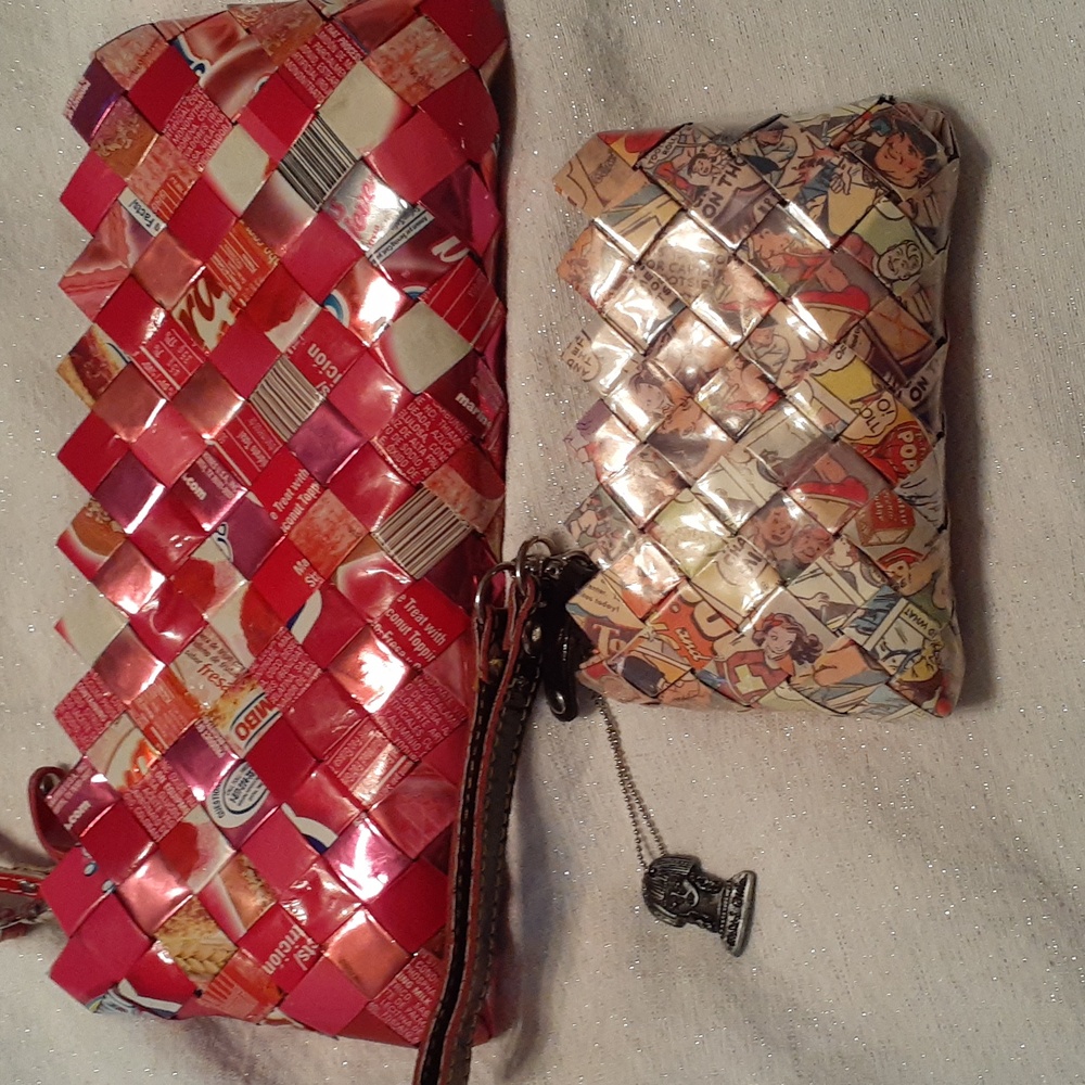 2 Nahui Ollin comic and candy wrapper recycled Folk Art wristlet zipper closure
